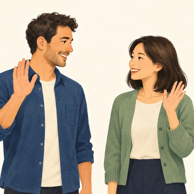 Two adults waving to greet each other.