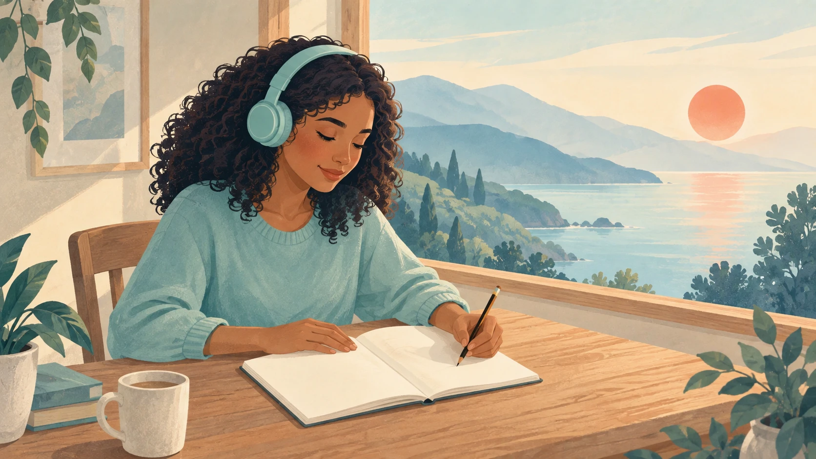 A learner wearing headphones and writing in an open notebook on a desk