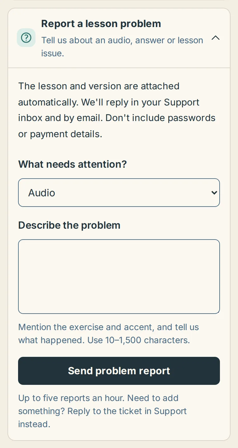 The Report a lesson problem panel open under a lesson on a phone, with the What needs attention menu