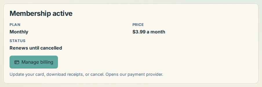 The plan card on the Billing page showing the plan, price, status and the Manage billing button