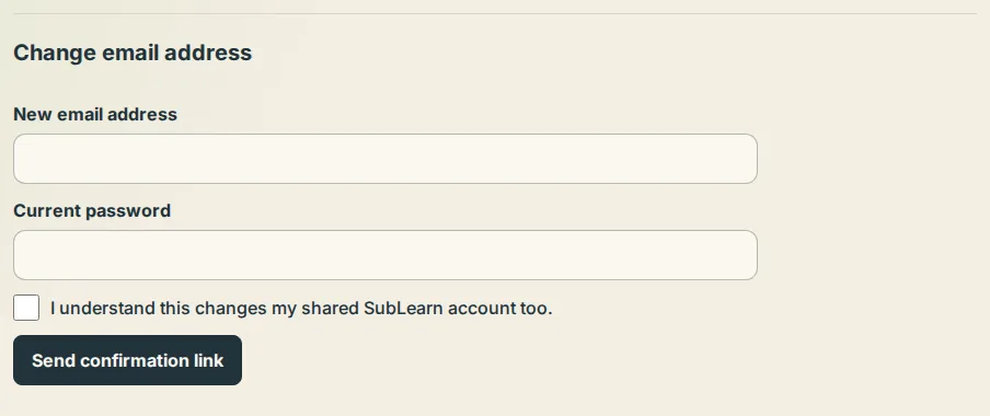 The Change email address section in Settings with the new address and current password fields