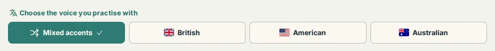 The Practice tab's accent picker above the first clip, with Mixed accents selected and British, American and Australian beside it