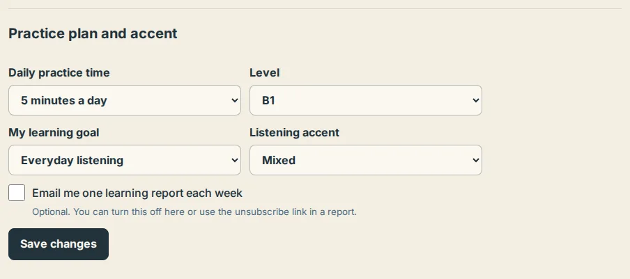 Settings, the Practice plan and accent section with the Listening accent menu