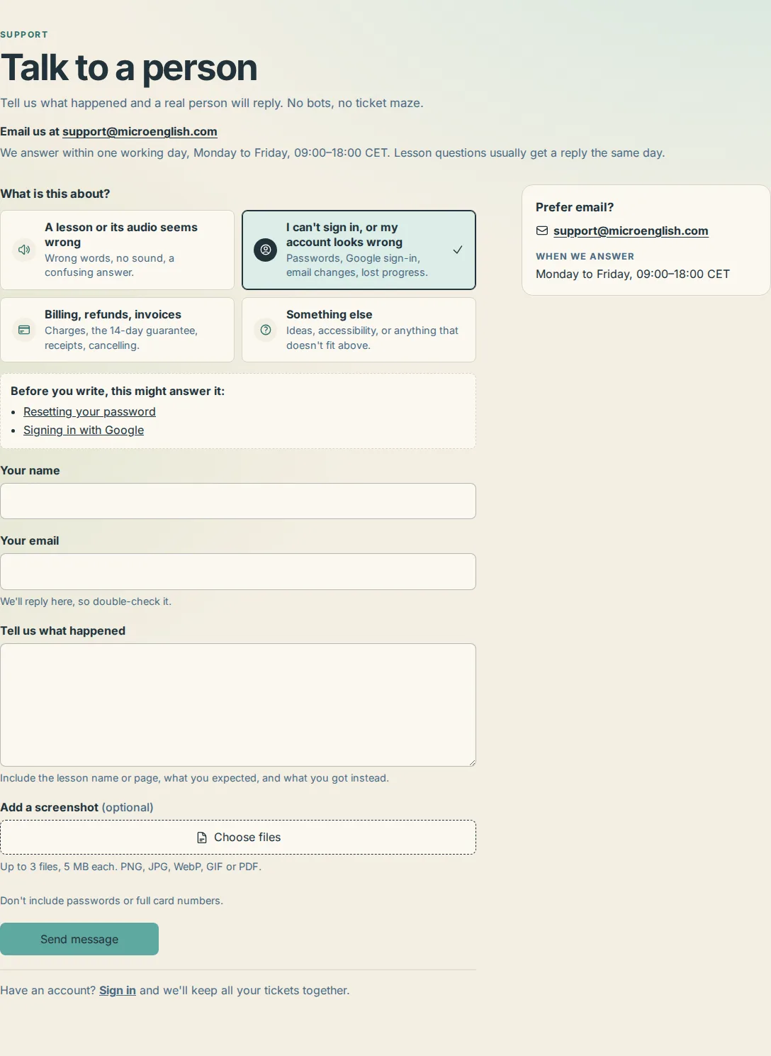 The contact page's What is this about cards with the account card selected, above the suggested articles