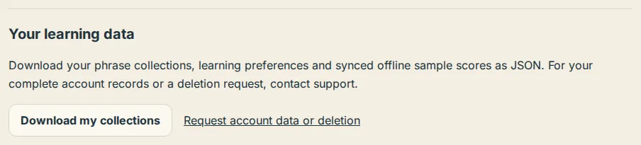 The Your learning data section in Settings with the Download my collections button and the data request link