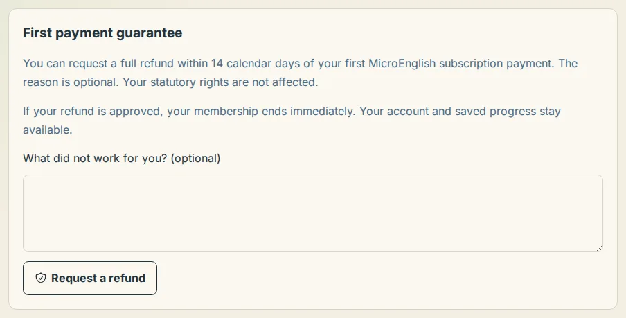 The First-payment guarantee block on the Billing page, with the Request a refund button while the first payment is still eligible