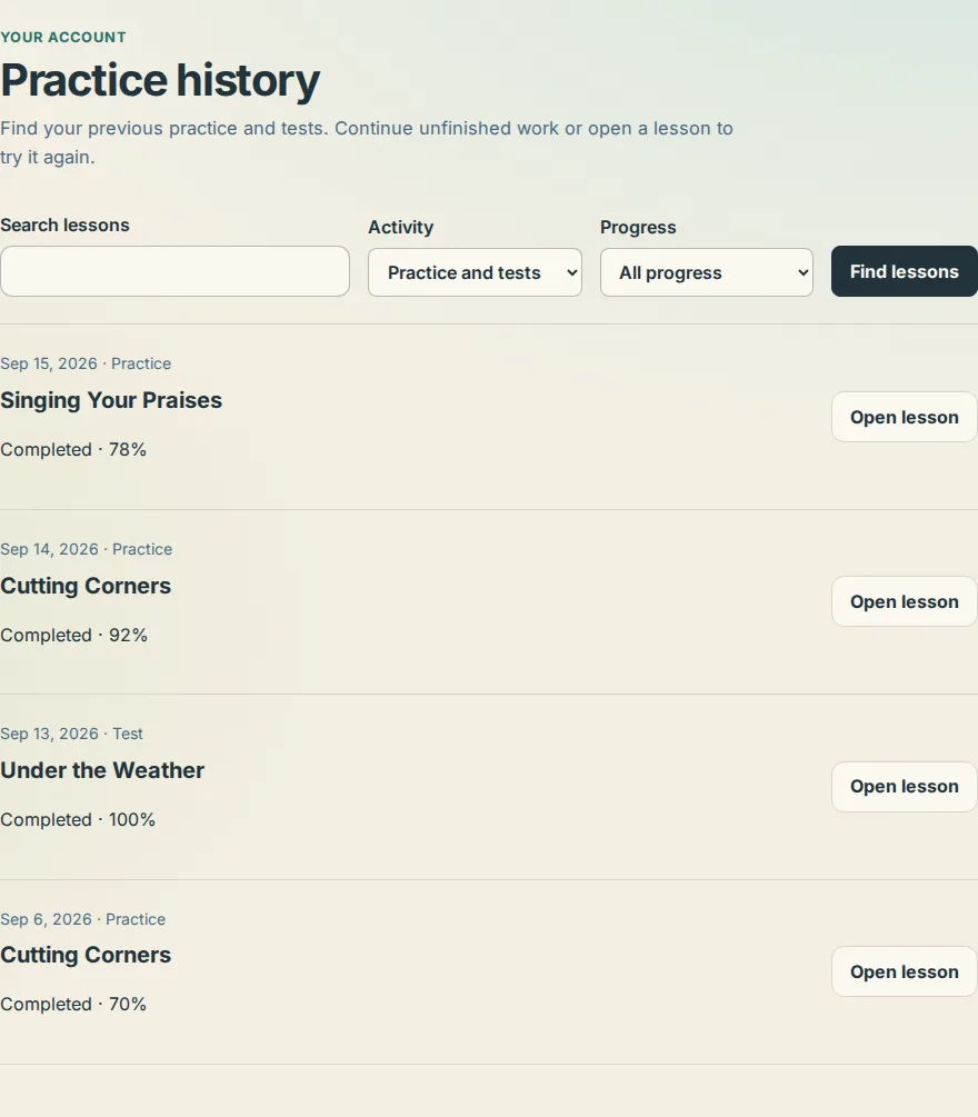 Practice history listing finished lessons with their dates and percentages