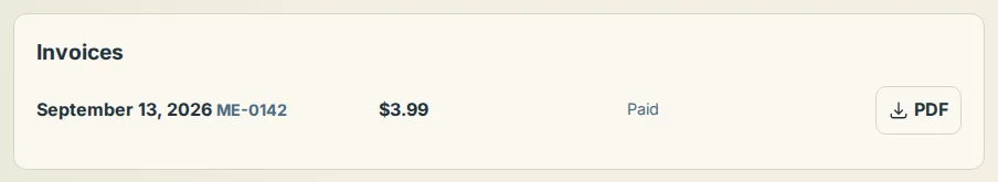 The Invoices section on the Billing page listing dated payments with their totals, Paid status and PDF links