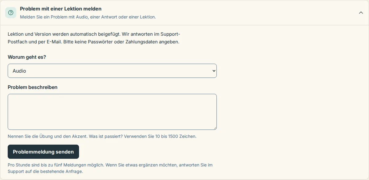 Das geöffnete Meldeformular unter einer Lektion mit Auswahl des betroffenen Bereichs und einem Feld für die Beschreibung
