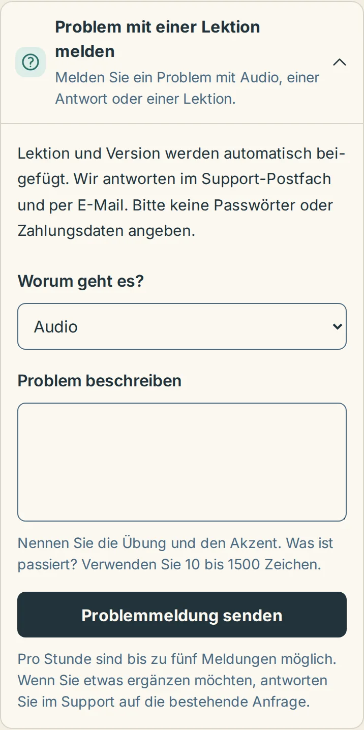 Das geöffnete Meldeformular einer Lektion auf einem Telefon mit Auswahl des betroffenen Bereichs