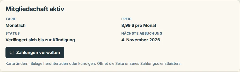 Die Tarifkarte auf der Zahlungsseite mit Tarif, Preis, Status und Zahlungen verwalten
