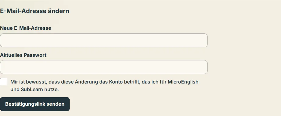 Der Bereich E-Mail-Adresse ändern in den Einstellungen mit Feldern für die neue Adresse und das aktuelle Passwort