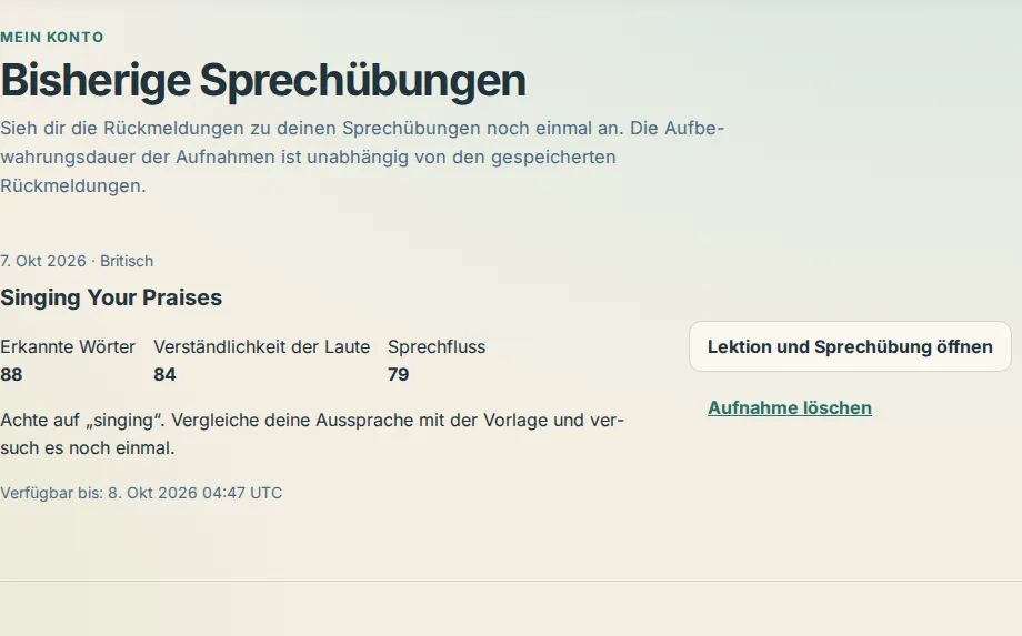Der Sprechverlauf im Konto mit einem Versuch, drei Punktzahlen, Ablaufzeit und Aufnahme löschen