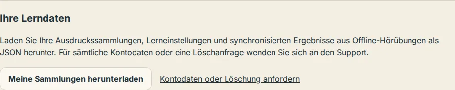 Der Bereich Ihre Lerndaten in den Einstellungen mit Download-Schaltfläche und Link für Datenanfragen