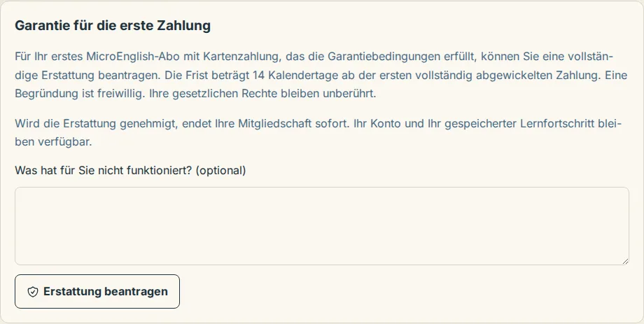 Der Abschnitt zur Garantie für die erste Zahlung mit der Schaltfläche Erstattung beantragen