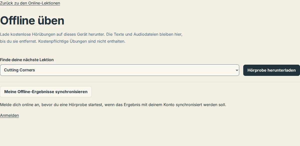Die Seite Offline üben mit Lektionsliste und Schaltfläche zum Herunterladen einer Hörprobe