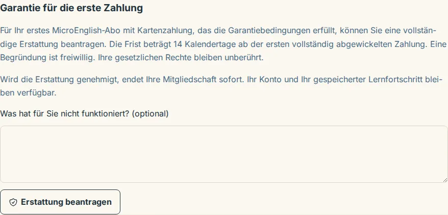 Der Garantieabschnitt auf der Zahlungsseite mit freiwilligem Begründungsfeld und Erstattung beantragen