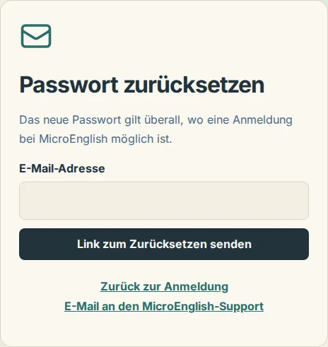 Die Seite zum Zurücksetzen des Passworts mit E-Mail-Feld und Schaltfläche zum Senden des Links