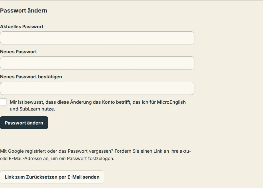 Der Bereich Passwort ändern in den Einstellungen mit Schaltfläche zum Anfordern eines Links per E-Mail