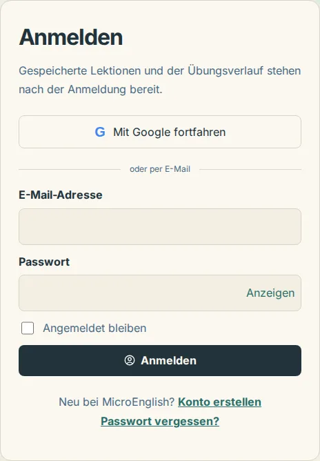 Die Anmeldeseite mit Mit Google fortfahren oberhalb der Felder für E-Mail-Adresse und Passwort