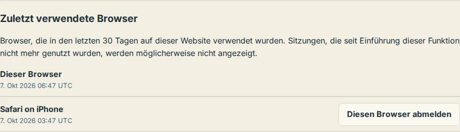 Die Liste Zuletzt verwendete Browser mit Diesem Browser oben und einer Abmeldeschaltfläche neben einem anderen Eintrag