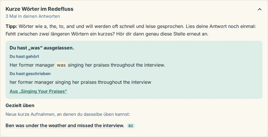 Ein wiederkehrendes Muster im Schreibcoach mit Häufigkeit, Entwicklung, Tipp, einem eigenen Beispiel und passenden Hörübungen