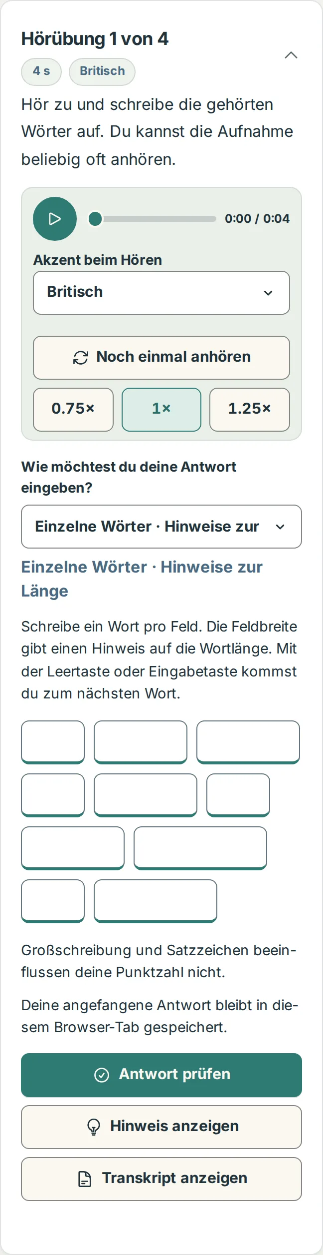 Eine Lektion auf dem Smartphone: im Bereich Üben stehen die Wiedergabe, die Wortfelder und Antwort prüfen untereinander