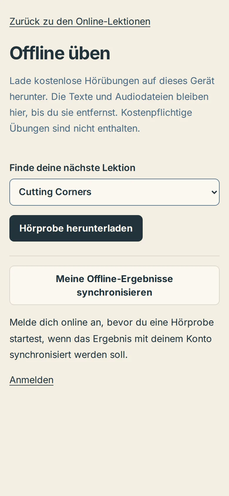 Offline üben auf einem Smartphone mit der Lektionsauswahl und Hörprobe herunterladen