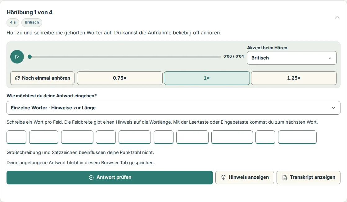Der erste Hörabschnitt vor der Prüfung mit Wortfeldern sowie Antwort prüfen, Hinweis anzeigen und Transkript anzeigen