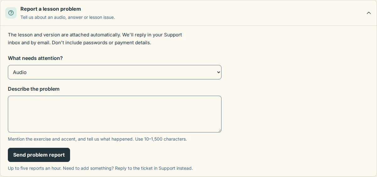 The Report a lesson problem panel open under a lesson, with the What needs attention menu and the Describe the problem box