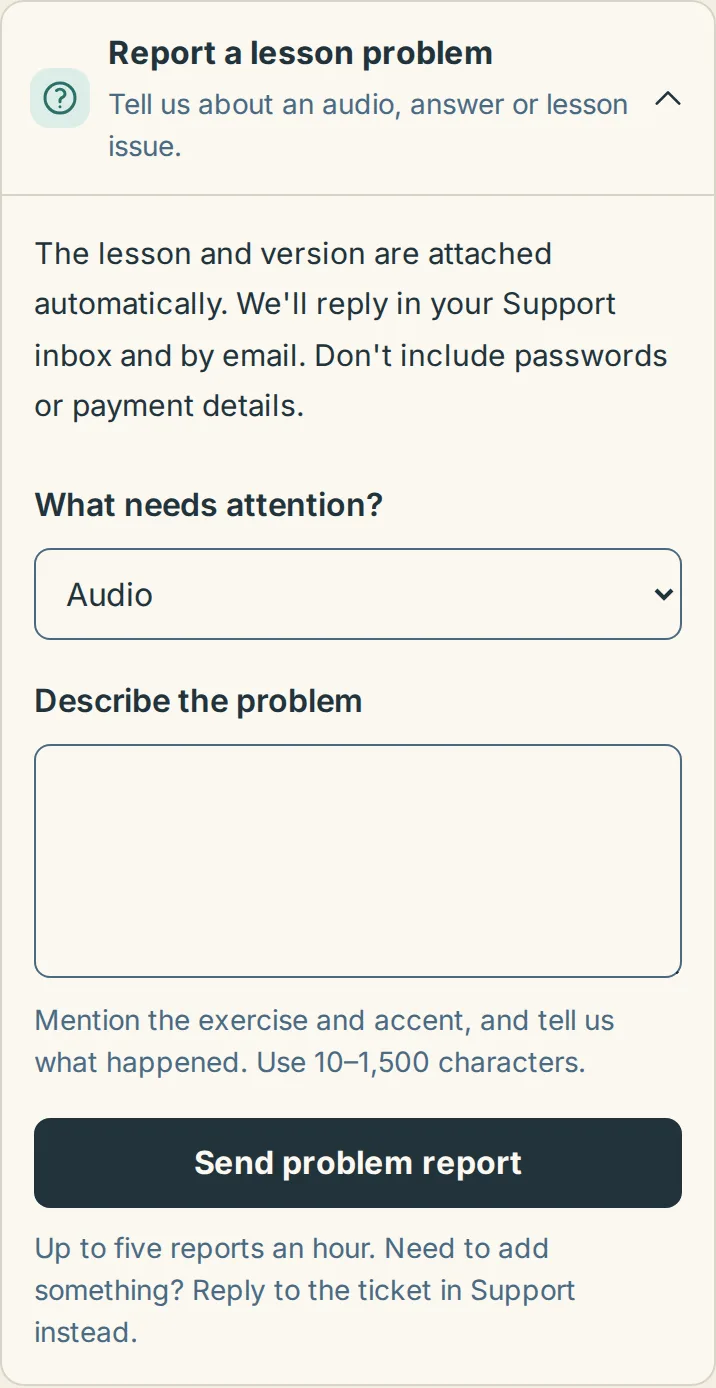 The Report a lesson problem panel open under a lesson on a phone, with the What needs attention menu