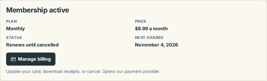 The plan card on the Billing page showing the plan, price, status and the Manage billing button