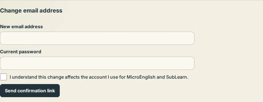The Change email address section in Settings with the new address and current password fields