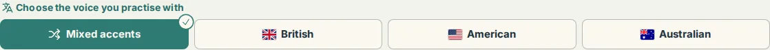 The Practice tab's accent picker above the first clip, with Mixed accents selected and British, American and Australian beside it