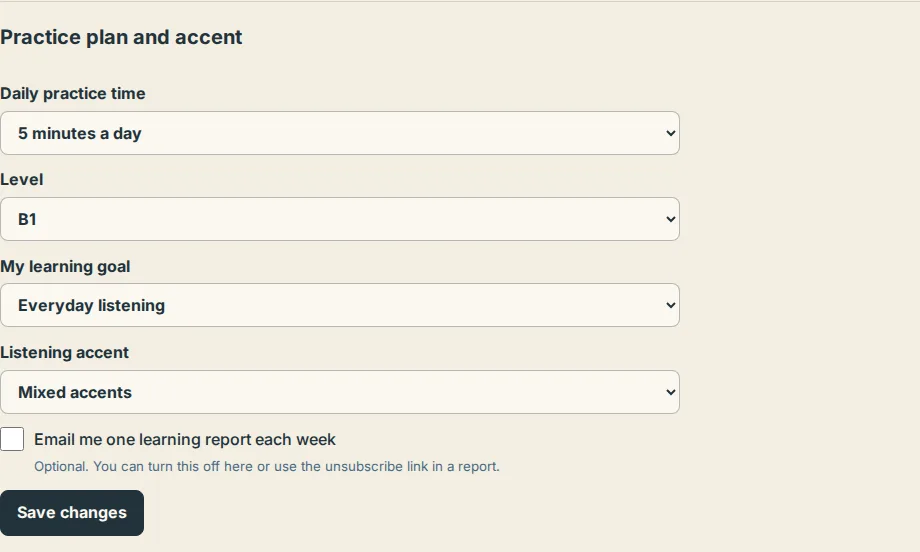 Settings, the Practice plan and accent section with the Listening accent menu