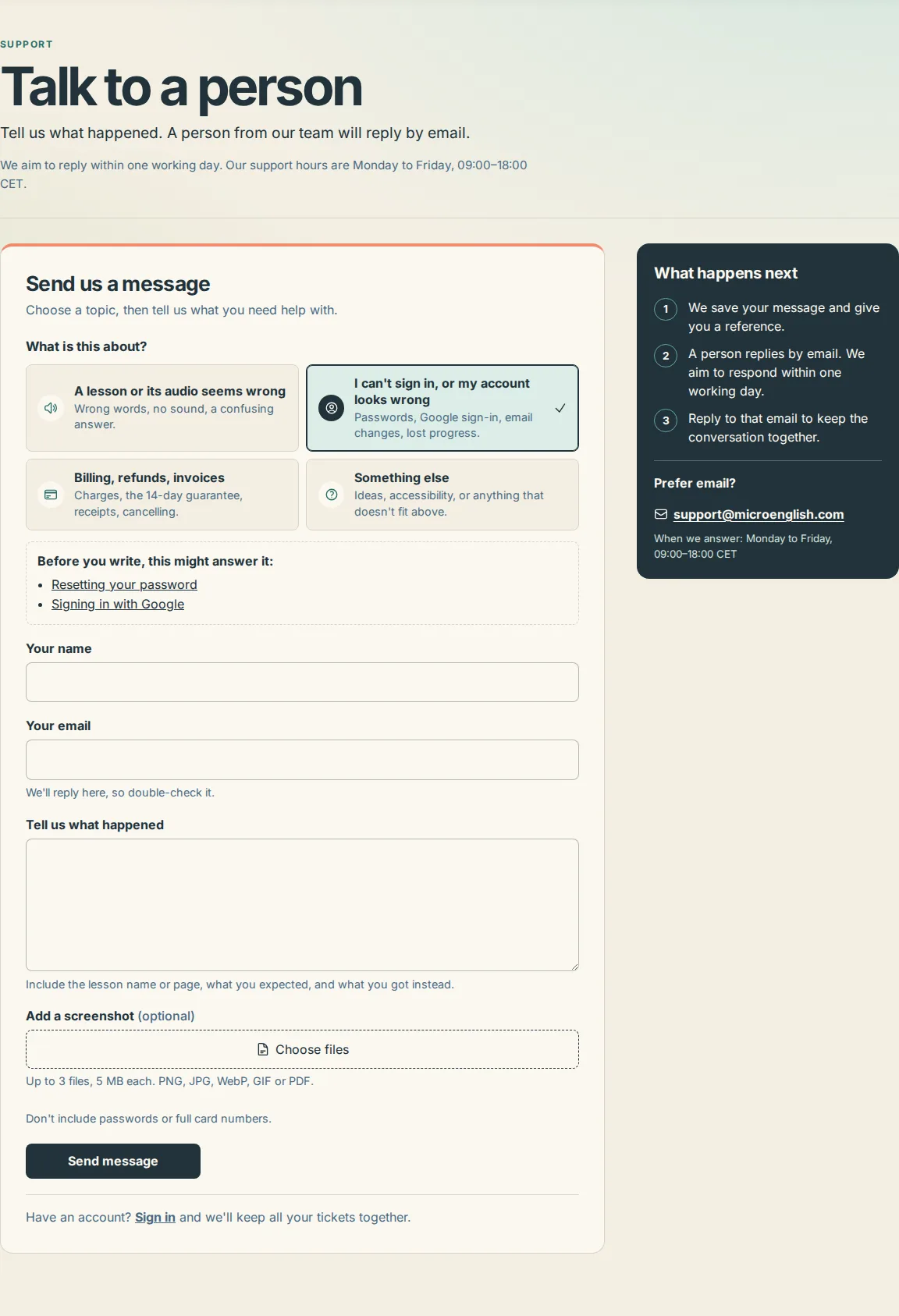 The contact page's What is this about cards with the account card selected, above the suggested articles