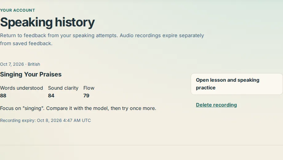 Speaking history in the account with one attempt, its three scores, the expiry line and the Delete recording button