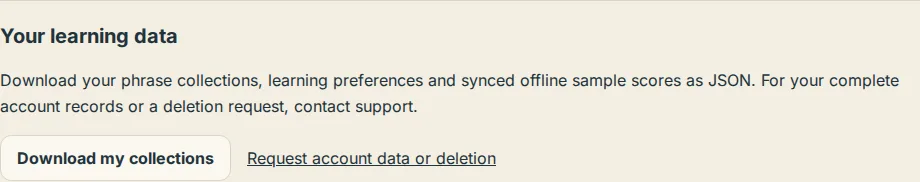 The Your learning data section in Settings with the Download my collections button and the data request link