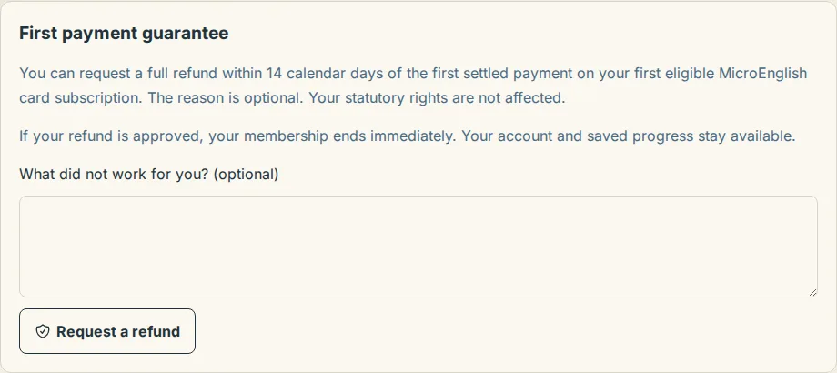 The First-payment guarantee block on the Billing page, with the Request a refund button while the first payment is still eligible
