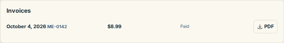 The Invoices section on the Billing page listing dated payments with their totals, Paid status and PDF links