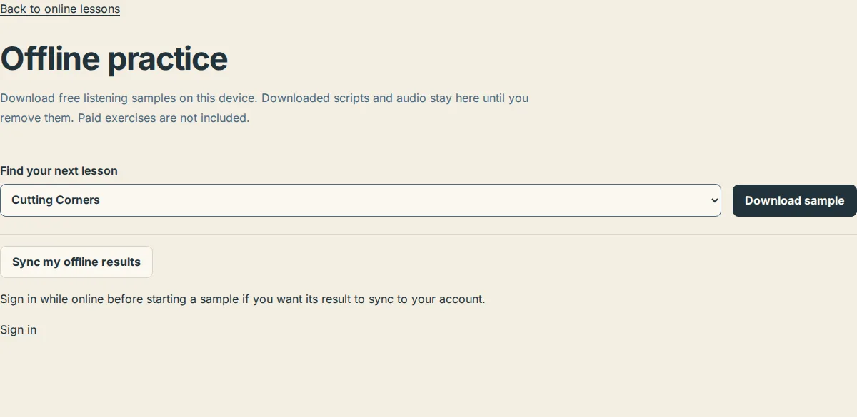 The Offline practice page with the lesson list and the Download sample button, before any sample is downloaded