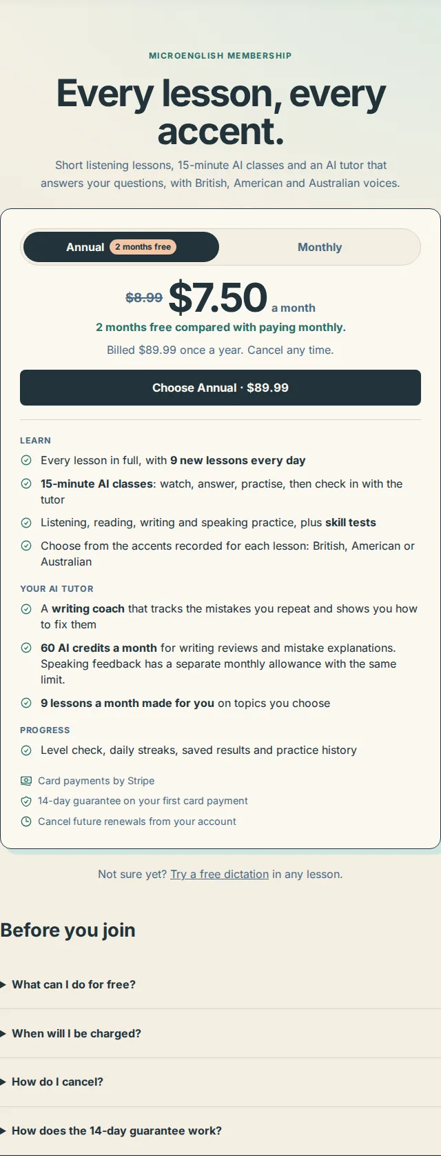 An example of the membership cards on the pricing page; check the current page for your offer