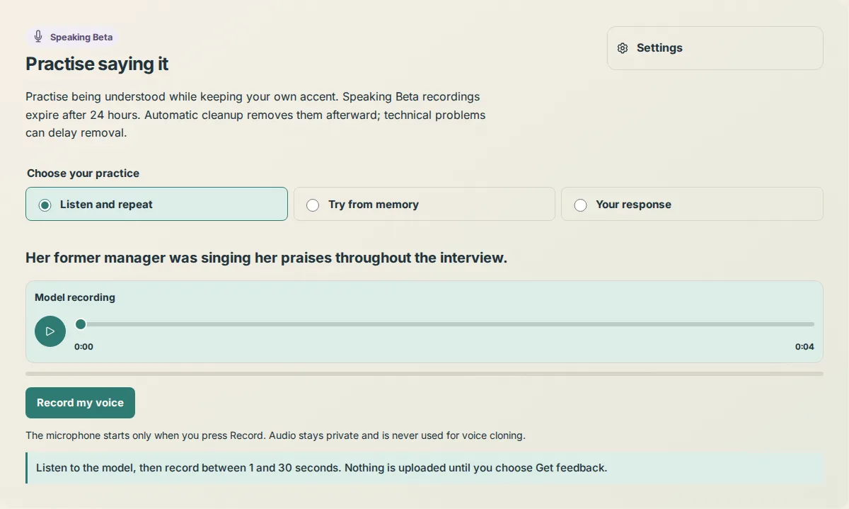 The Speaking Beta block in a lesson with the model recording and the Record my voice button