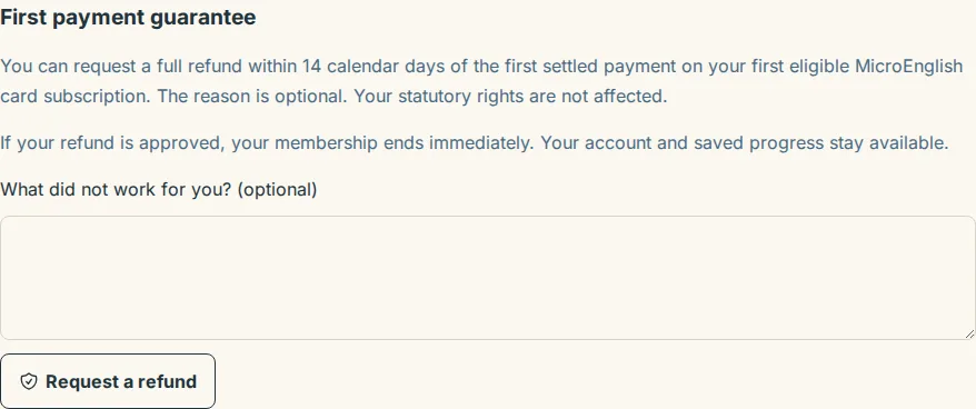 The First payment guarantee block on the Billing page with the optional reason box and the Request a refund button
