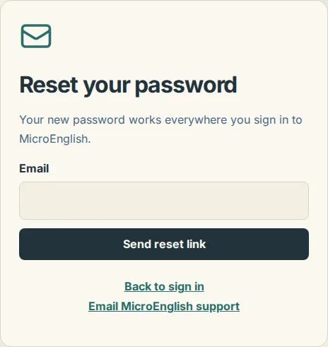The Reset your password page with the email field and the Send reset link button