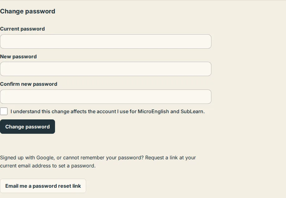 The Change password section in Settings with the Email me a password reset link button