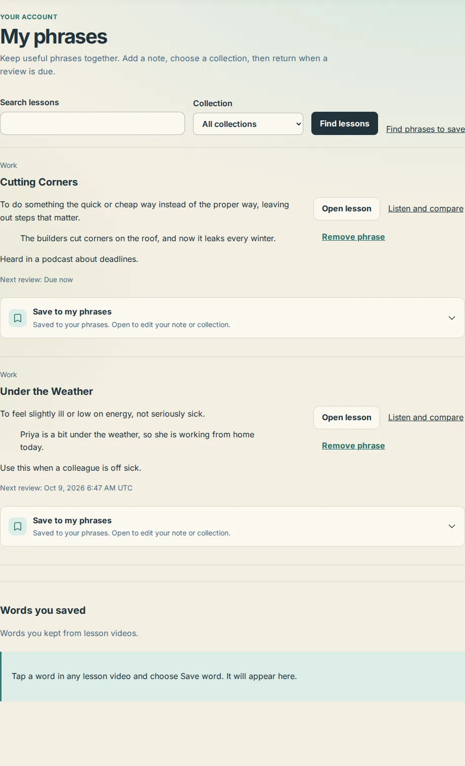 The My phrases page with the search box, the collection filter and saved phrases showing their notes and next review dates