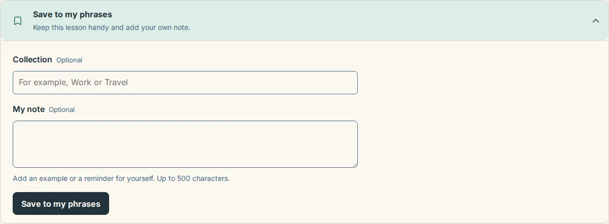 The Save to my phrases tool open under a lesson, with the Collection field, the My note box and the Save to my phrases button