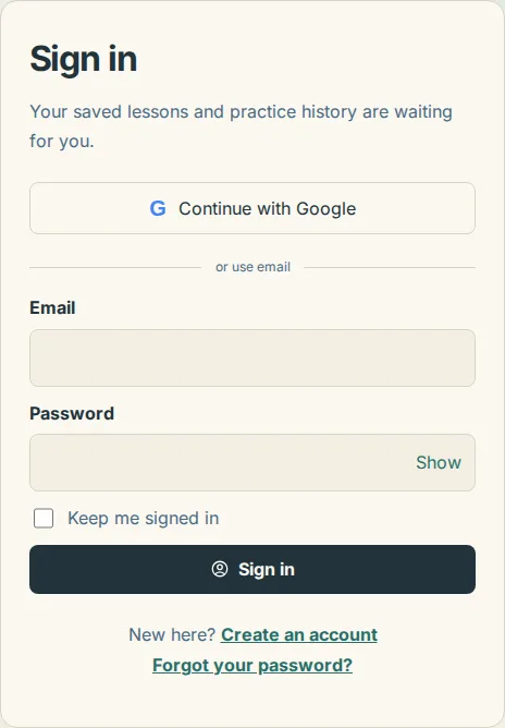 The sign-in page with Continue with Google above the email and password fields