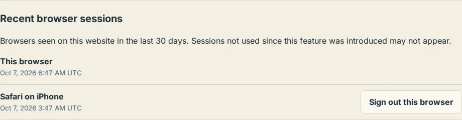 The Recent browser sessions list in Settings with This browser at the top and Sign out this browser next to another entry